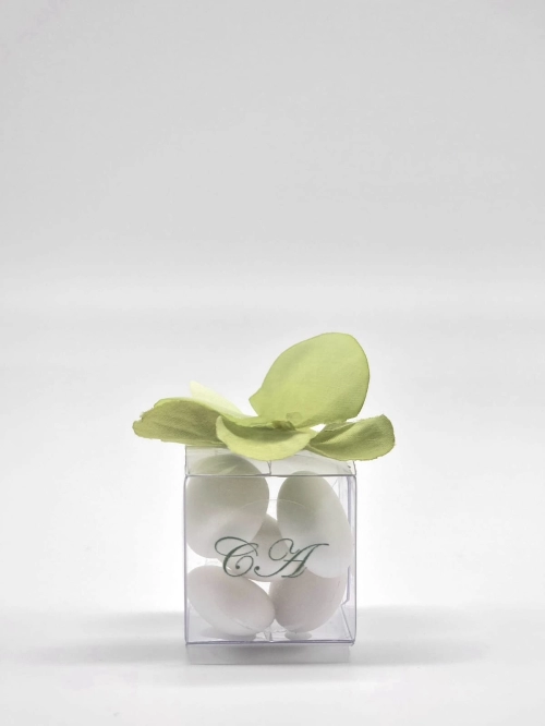 Cubino in pvc con ortensia verde e monogrammi